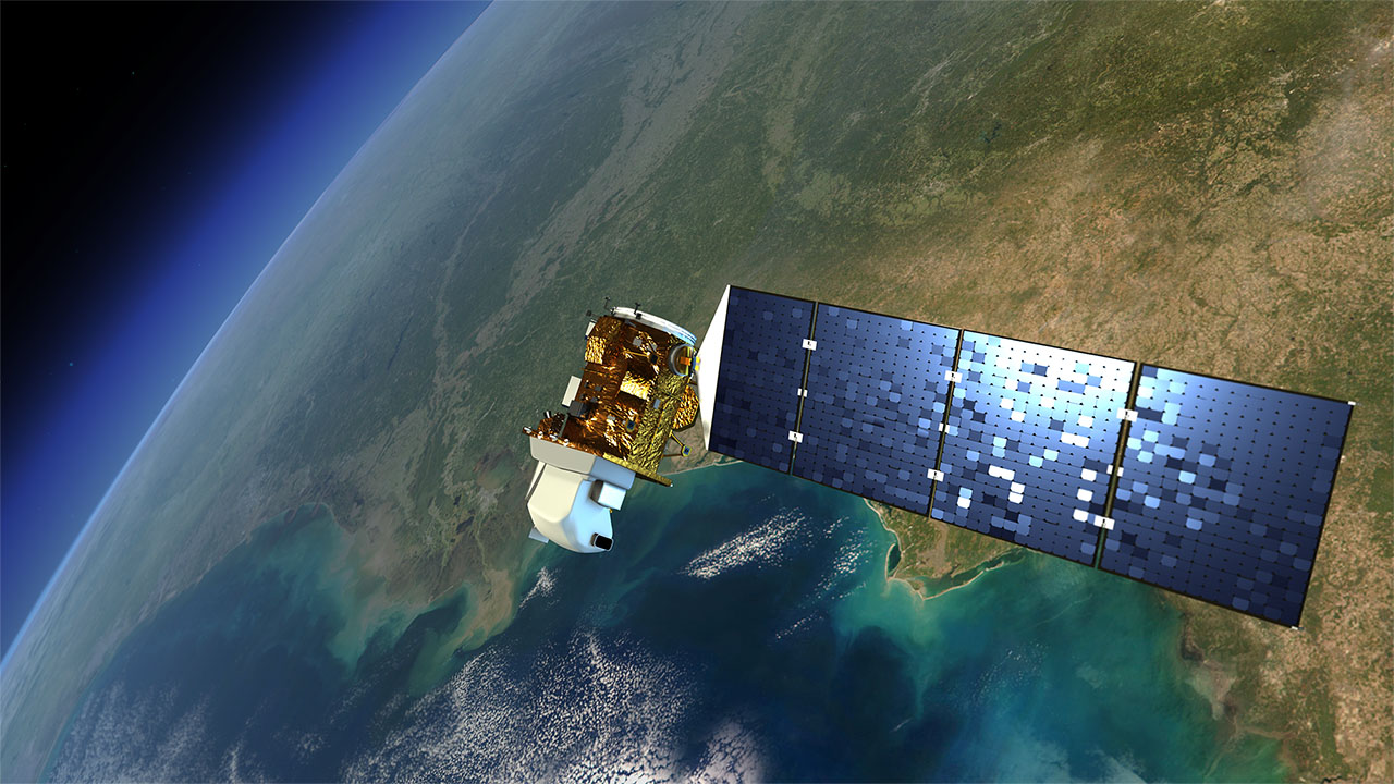 A Landsat, one of the first remote sensing satellites in history, floating in orbit